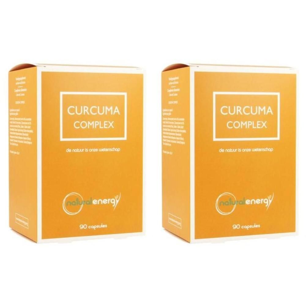 Deux boîtes orange avec "Curcuma Complex". En bas, "natural energy" et "90 capsules" sont visibles.