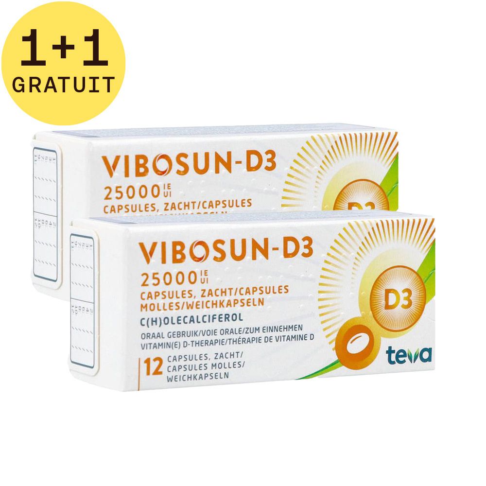 Deux boîtes de Vibosun-D3 25000 UI capsules. Inscription : 1+1 GRATUIT. Logo Teva. Soleil orange et symbole D3.