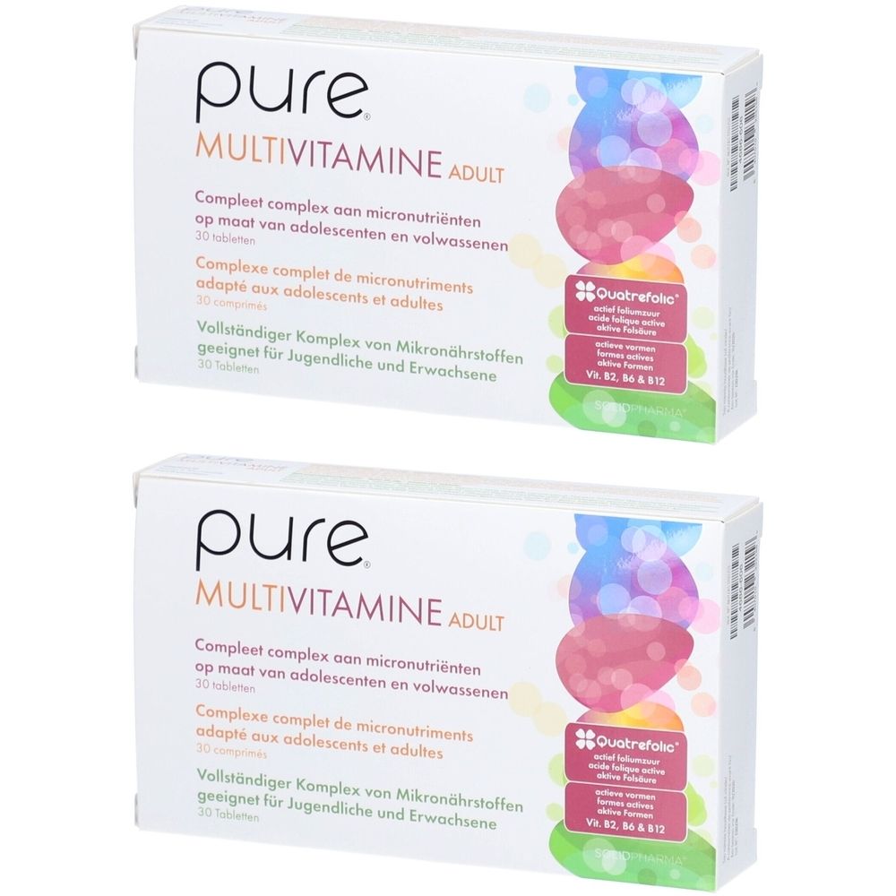 Twee witte dozen met "pure MULTIVITAMINE ADULT". Tekst in het Nederlands, Frans en Duits. 30 tabletten.