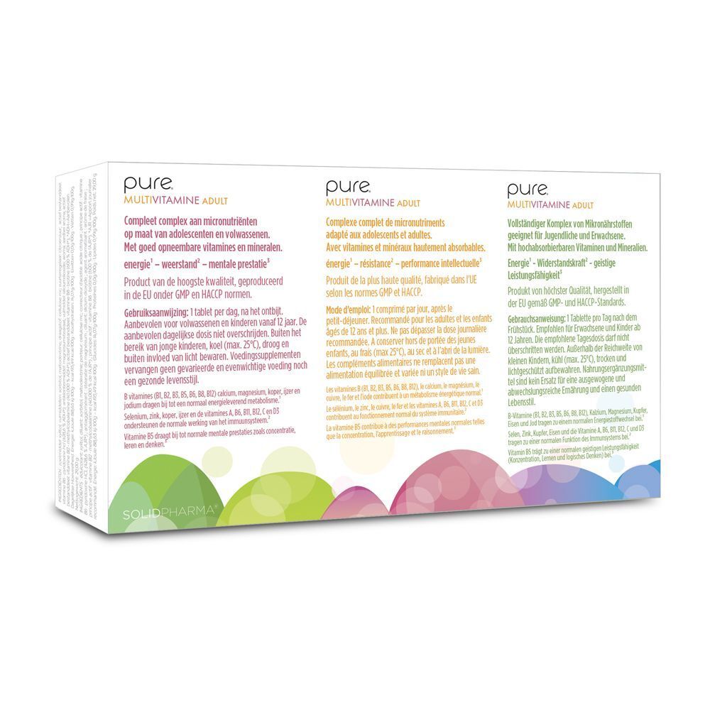 Verpakking pure Multivitamine Adult met 30 tabletten en productinformatie.
