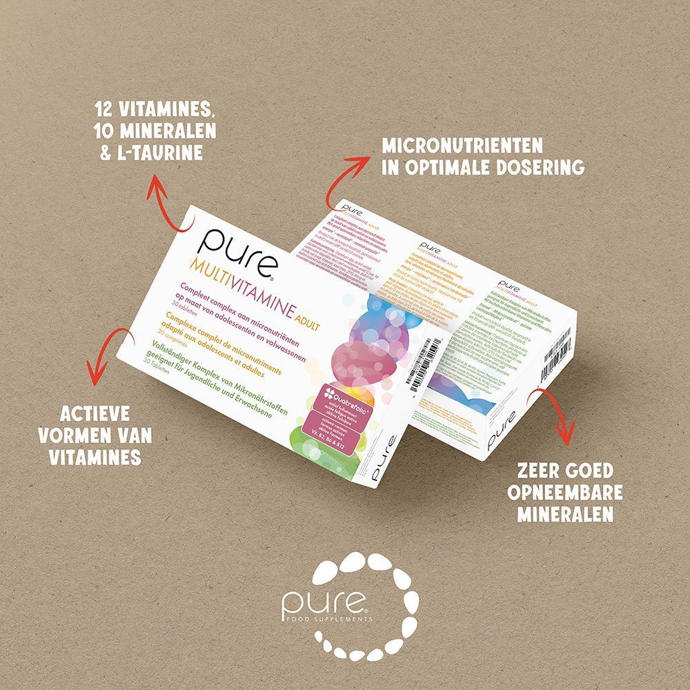 Zijaanzicht van een verpakking pure® Multivitamine Adult met productinformatie.