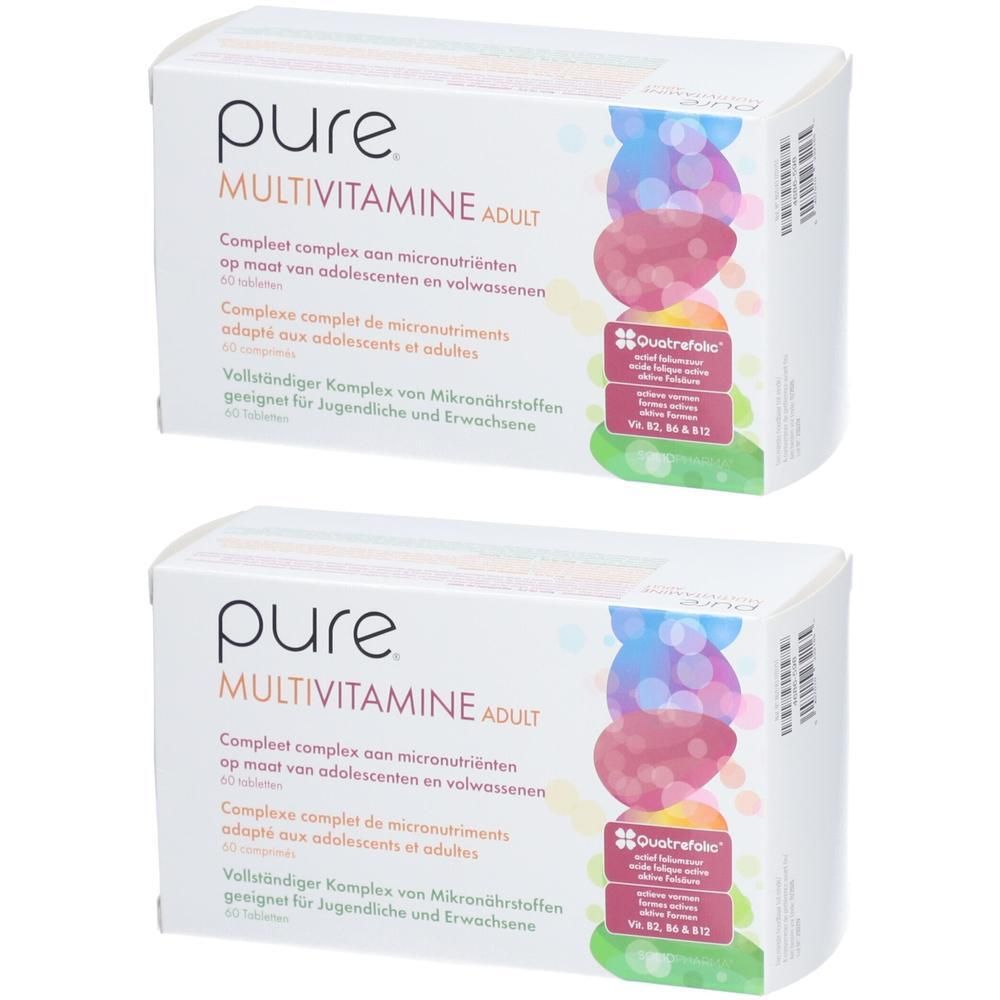 Twee dozen pure® Multivitamine Adult. Witte dozen met productnaam en kleurrijke graphics. 60 tabletten.