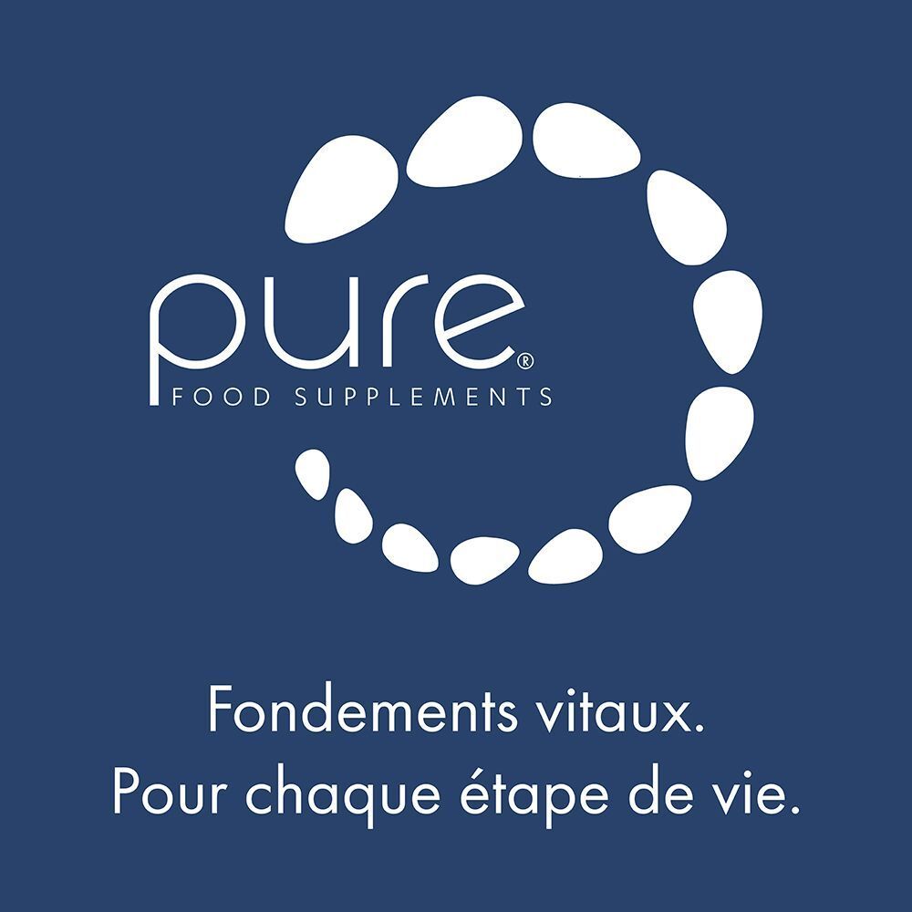 Produit pure® B Forte. Blister de comprimés, entouré de flèches et de texte. Fond bleu.