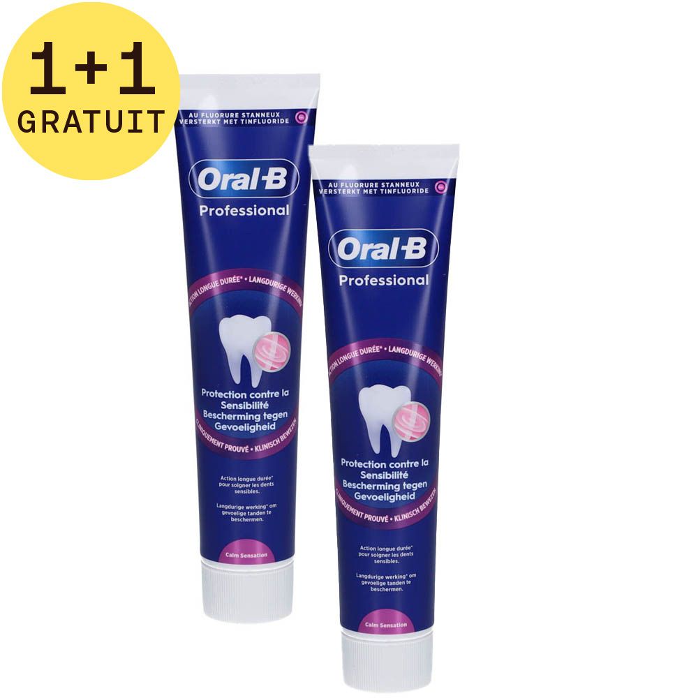 Deux tubes de dentifrice bleus avec texte blanc et logo. Inscription: Oral-B Professional, Protection contre la Sensibilité. 1+1 GRATUIT.