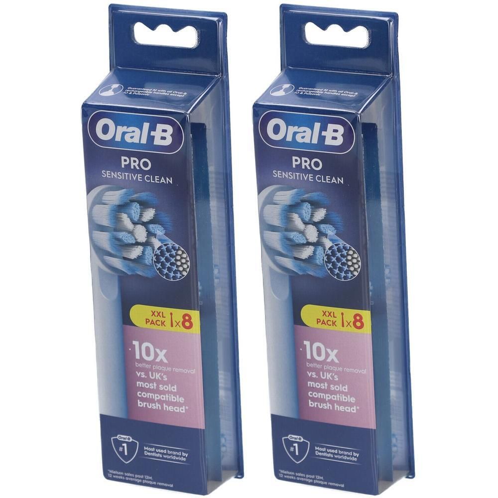 Twee pakken Oral-B Pro Sensitive Clean opzetborstels, 8 stuks per pak. XXL verpakking.