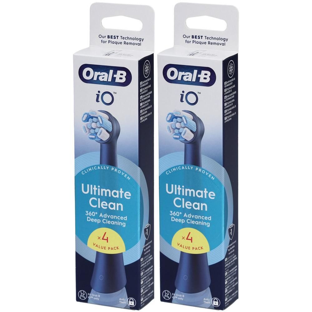 Twee pakken Oral-B iO Ultimate Clean opzetborstels, 4 stuks per pak.