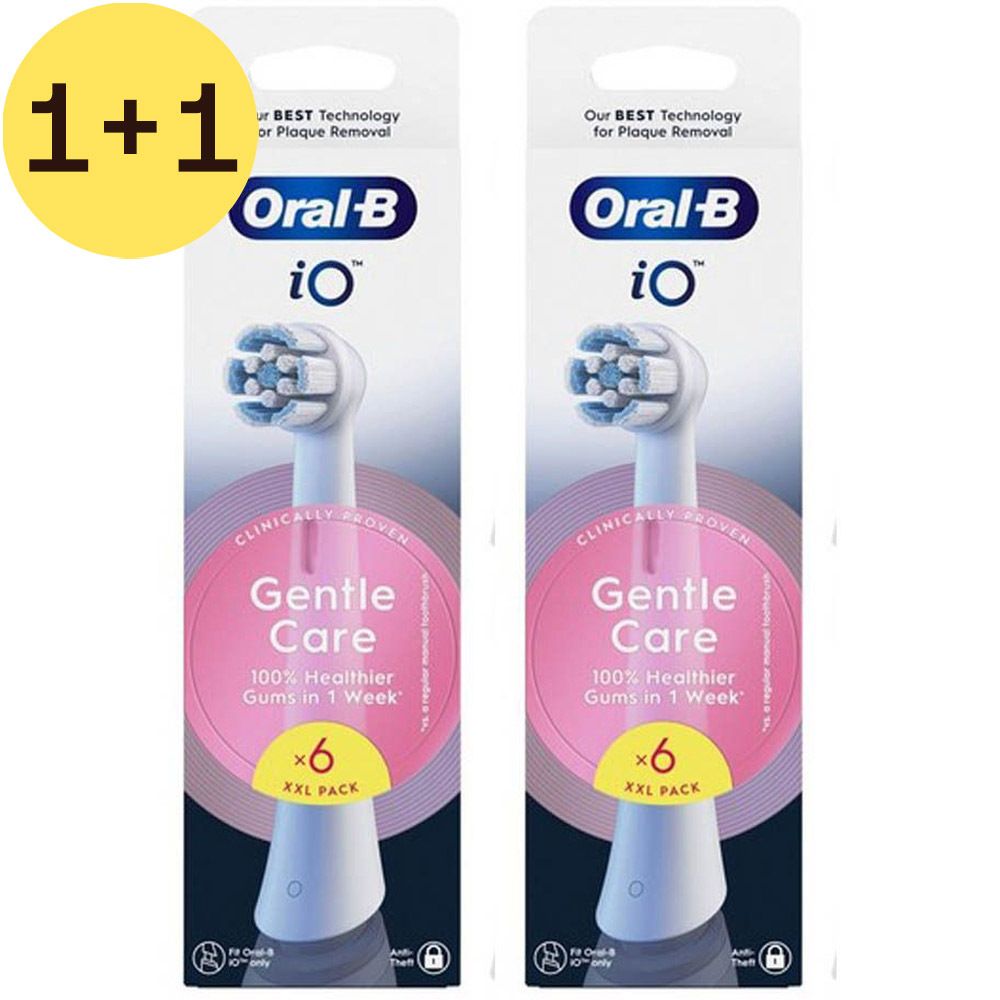 Deux paquets Oral-B iO Gentle Care. Pack XXL de 6. Autocollant 1+1 GRATUIT. Emballage rose et blanc.