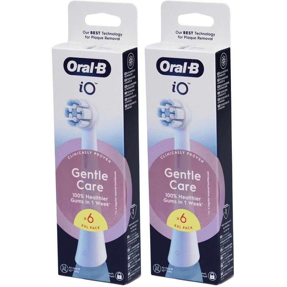 Deux paquets de têtes de brosse à dents. Inscription: Oral-B iO Gentle Care, 6 pièces, XXL Pack. Cercle rose avec texte.
