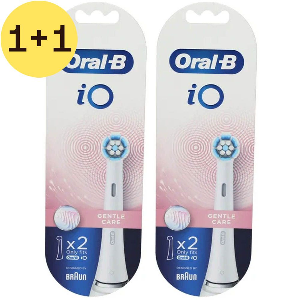 Deux têtes de brosse à dents Oral-B iO Gentle Clean White en emballage blister. Autocollant 1+1 GRATUIT.