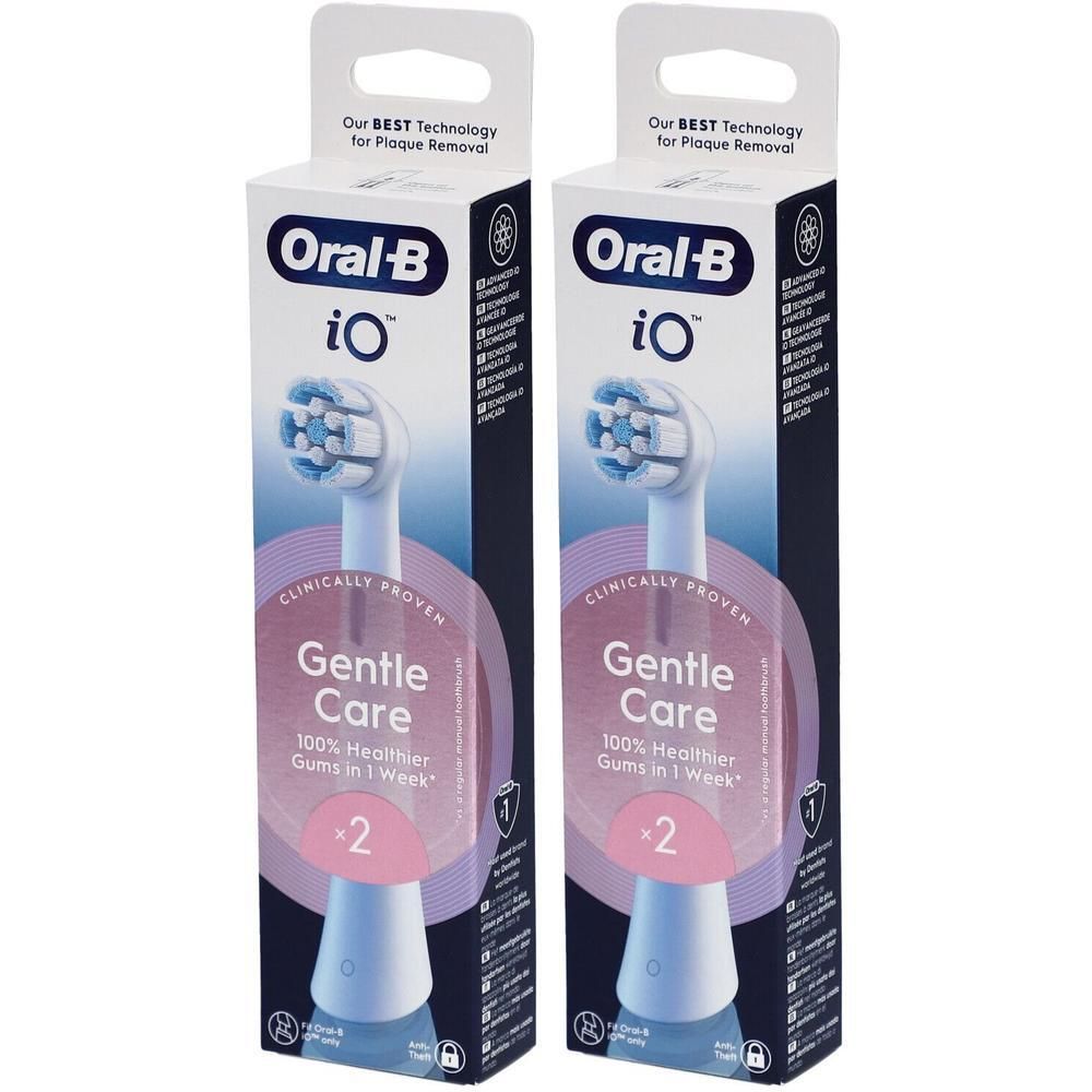 Twee Oral-B iO opzetborstels in verpakking. Tekst "Gentle Care" en "Clinically Proven". Witte borstelkoppen met blauwe borstelharen.