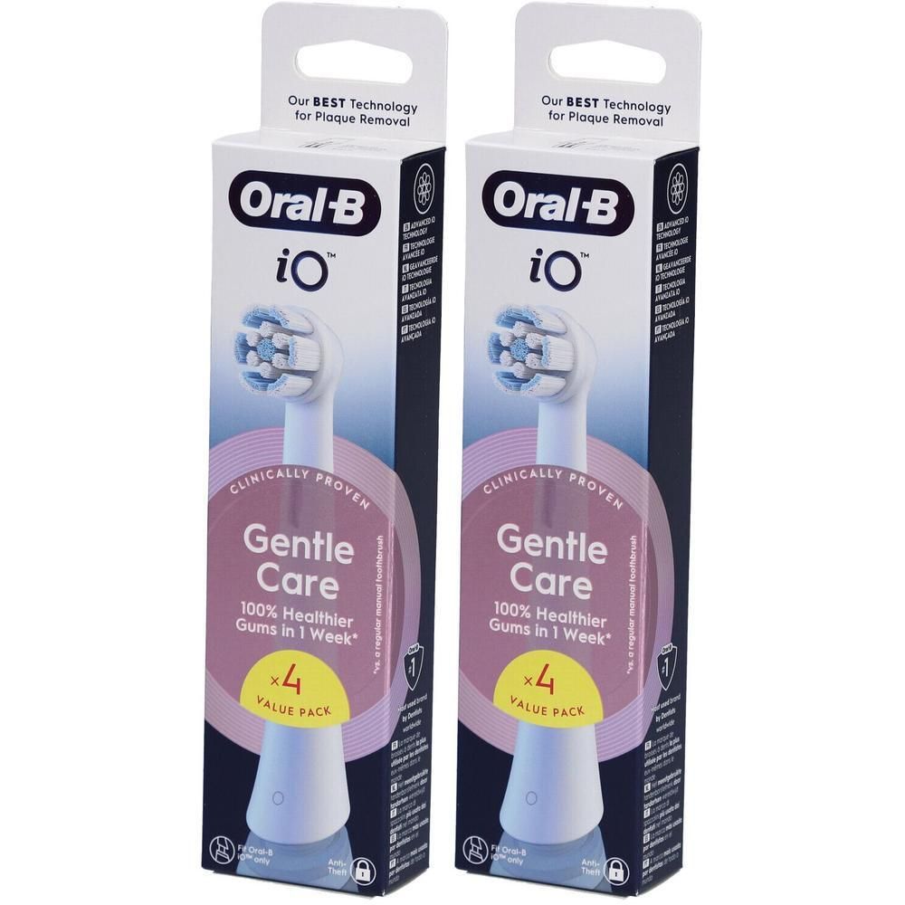 Twee Oral-B iO opzetborstels in verpakking. Opschrift: Gentle Care, 100% gezonder tandvlees in 1 week. Bevat 4 stuks.