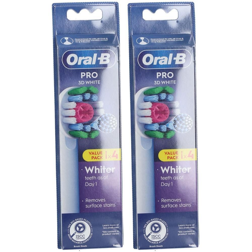Twee pakken Oral-B Pro 3D White opzetborstels. Witte en gekleurde borstelharen voor oppervlaktereiniging.