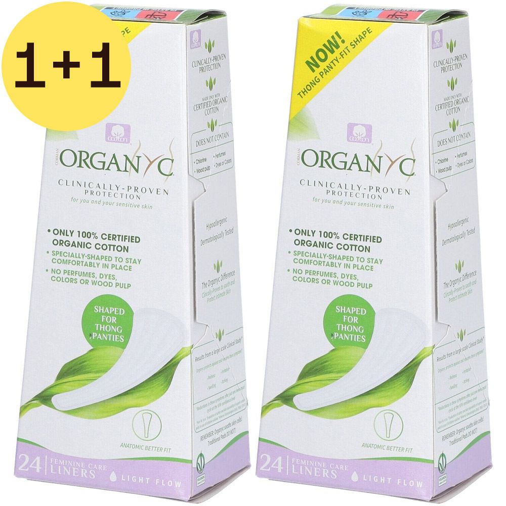 Deux boîtes de protège-slips string Organyc. Emballage avec informations produit et logo. Autocollant 1+1 gratuit.