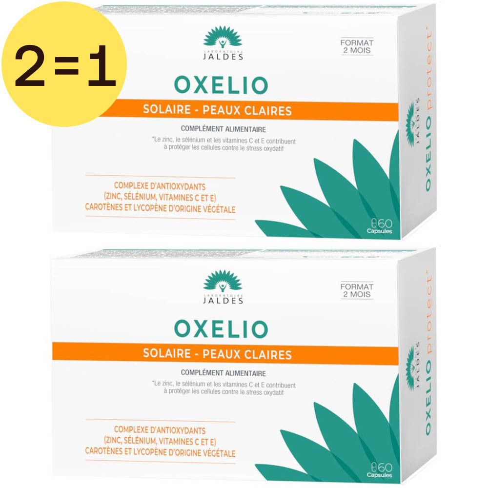 Twee dozen Oxelio Solaire, tekst en logo. Opschrift '2=1'.