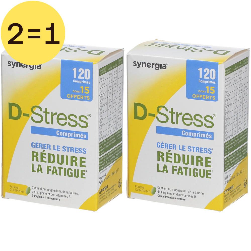 Deux boîtes de comprimés "D-Stress". Emballage jaune et blanc avec texte et logo. Autocollant "2=1".