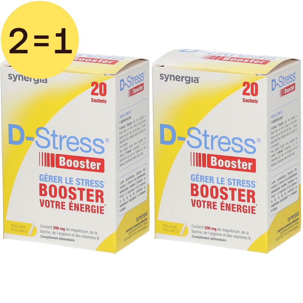Twee dozen D-Stress Booster Poudre. Gele verpakking met blauwe en rode tekst. 20 sachets.