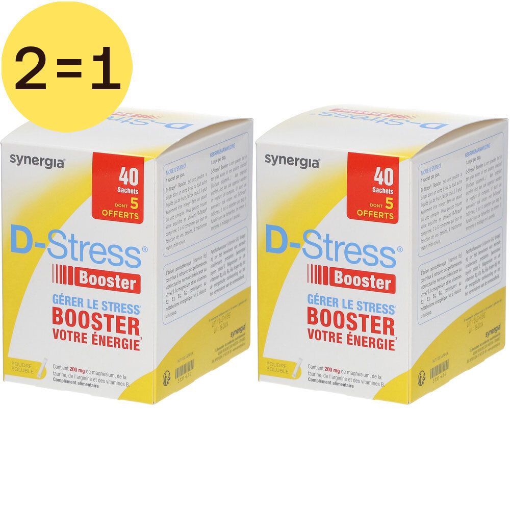 Twee dozen D-Stress Booster. Gele en witte verpakking met tekst. Linksboven: logo 2=1.