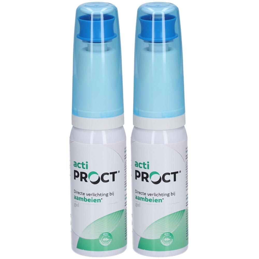 Twee witte flessen met blauwe dop. Opschrift: actiPROCT. Directe verlichting bij aambeien.