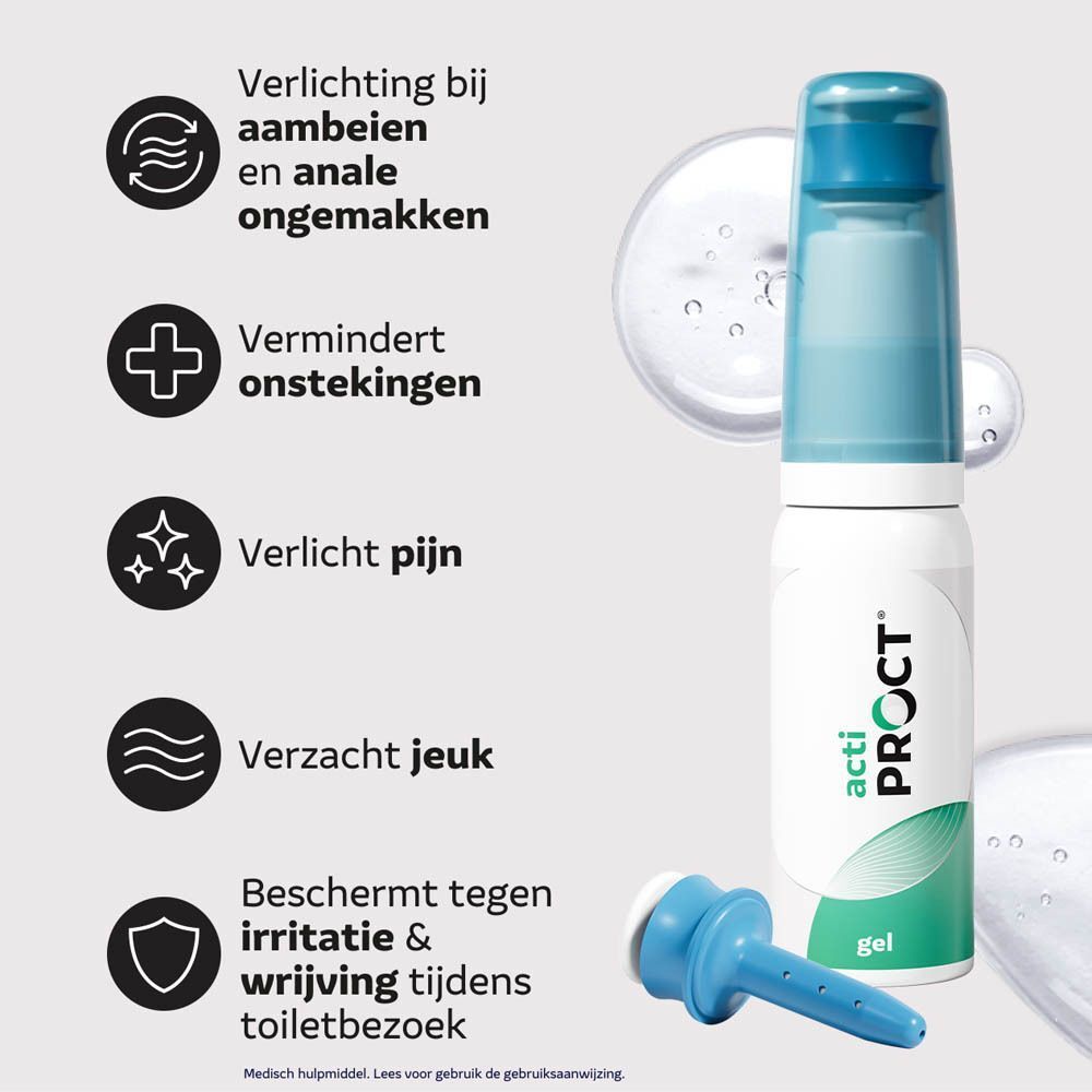 Een fles actiPROCT gel met applicator. 5 werkingen. Beschermt tegen irritatie. Met Aloë Vera.