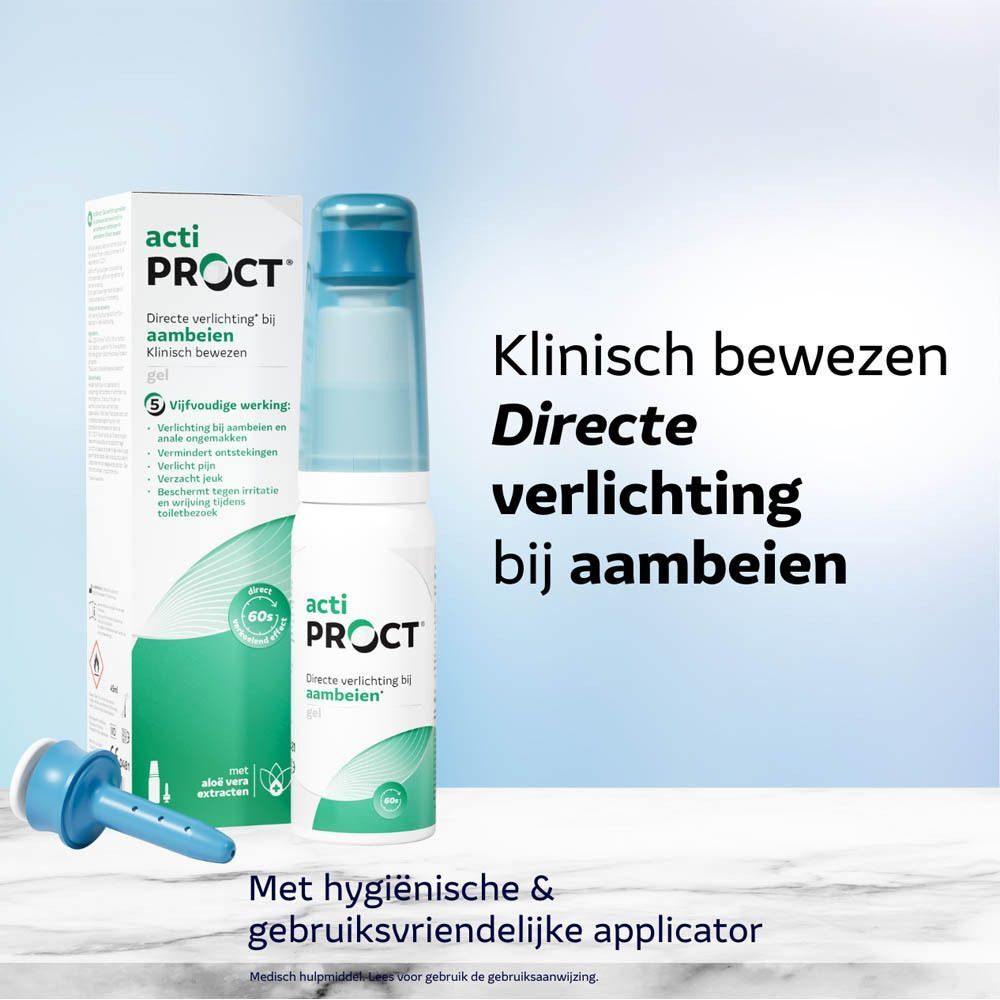 Een fles actiPROCT gel met applicator. Klinisch bewezen. Directe verlichting bij aambeien.