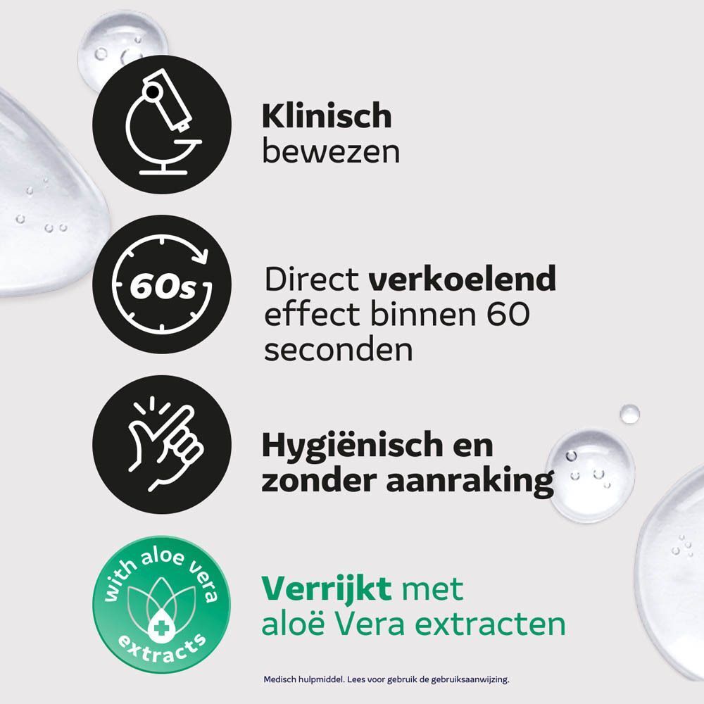 Grafiek met symbolen. Klinisch bewezen. Direct verkoelend effect in 60 seconden. Hygiënisch en zonder aanraking.