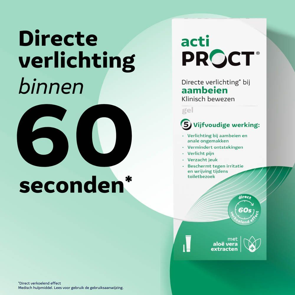 Grafiek met tekst. Directe verlichting binnen 60 seconden. 5 werkingen. Met Aloë Vera extracten.
