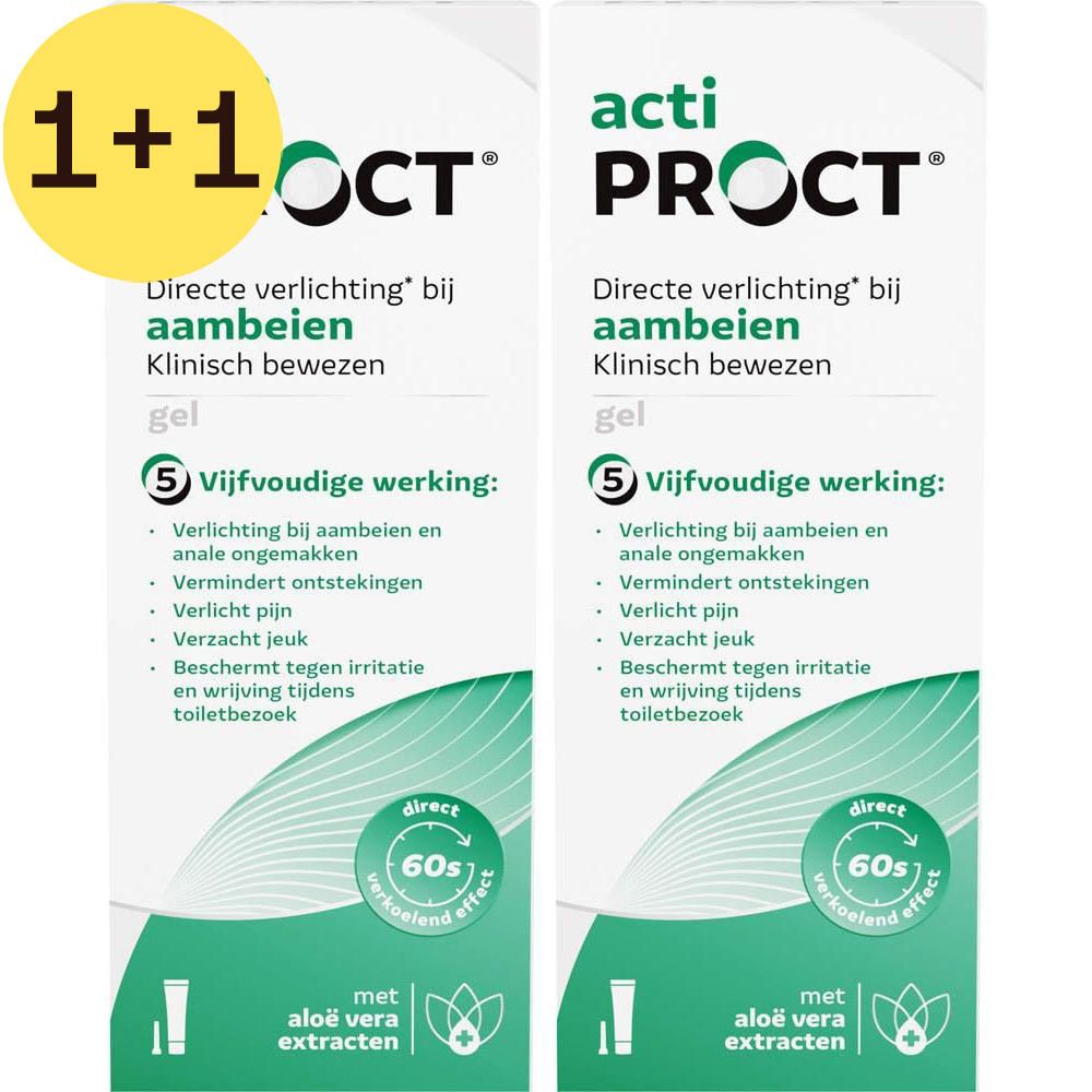 Twee verpakkingen actiPROCT. Opschrift: 1+1 GRATIS. Verpakking met productinformatie.