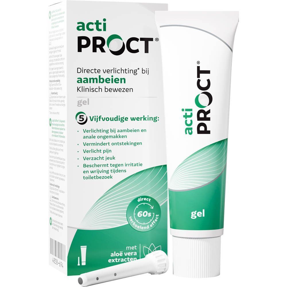 Verpakking actiPROCT met tube en applicator. Productinformatie en 5 werkingsniveaus.