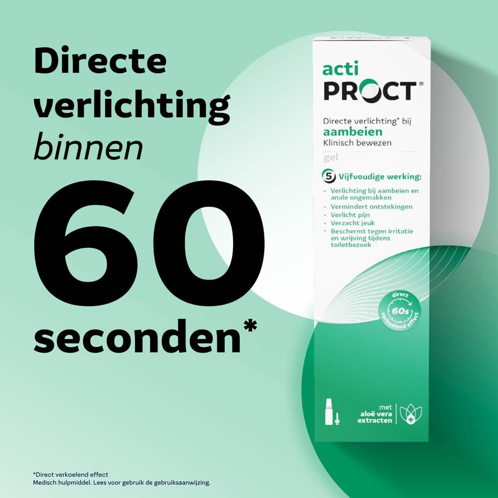 Tekst: Directe verlichting bij aambeien. Tube en applicator. 60 seconden.