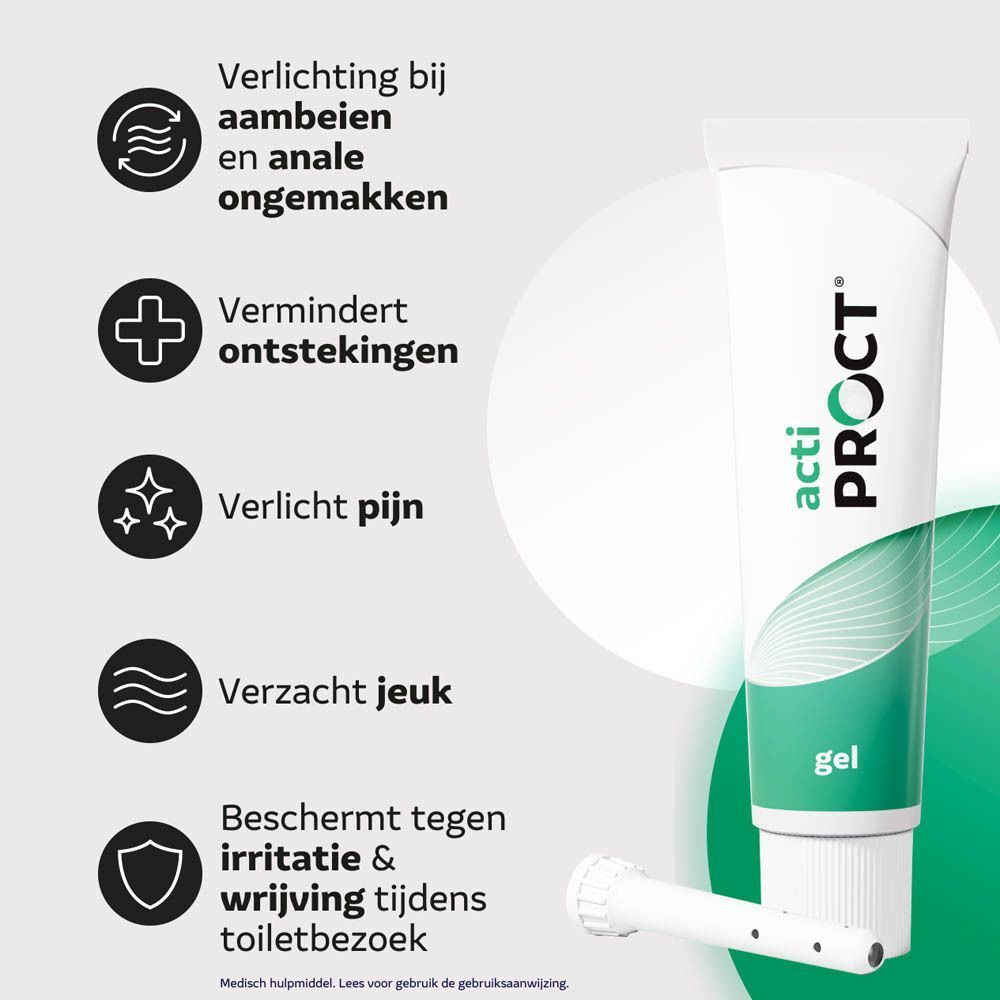 Grafische weergave van de werking. 5 voordelen. Tube en applicator.