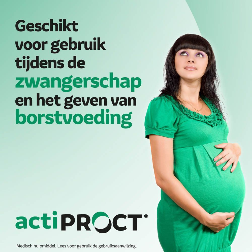 Vrouw in groene jurk. Tekst: Geschikt voor gebruik tijdens zwangerschap en borstvoeding.