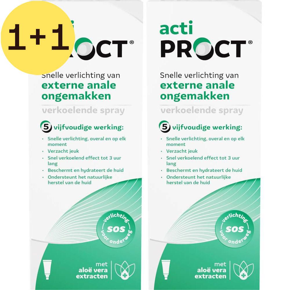 Twee verpakkingen Acti Proct Spray. Witte verpakking met groene tekst. 1+1 gratis.