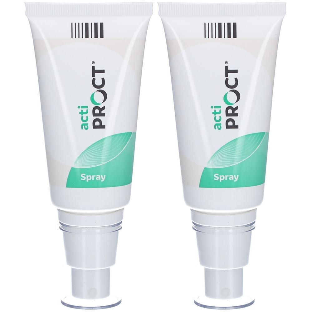 Twee tubes Acti Proct Spray. Witte tubes met groen logo en opschrift. Met applicator.
