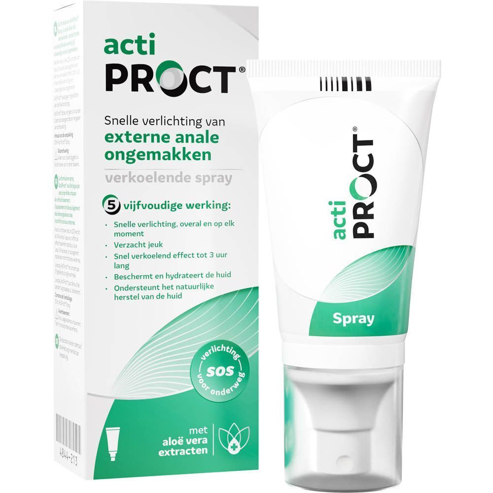 Acti Proct Spray en verpakking. Witte verpakking met groene tekst. Productnaam en beschrijving.