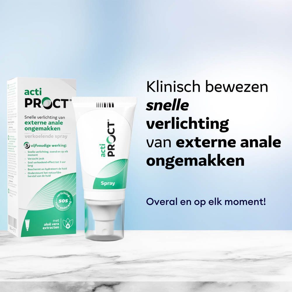 Acti Proct Spray en verpakking. Witte verpakking met groene tekst. Productnaam en beschrijving.
