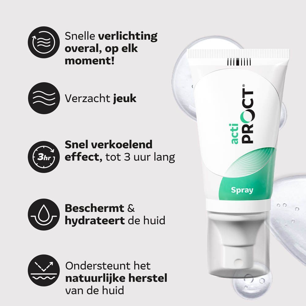 Acti Proct Spray en verpakking. Witte verpakking met groene tekst. Productnaam en beschrijving.