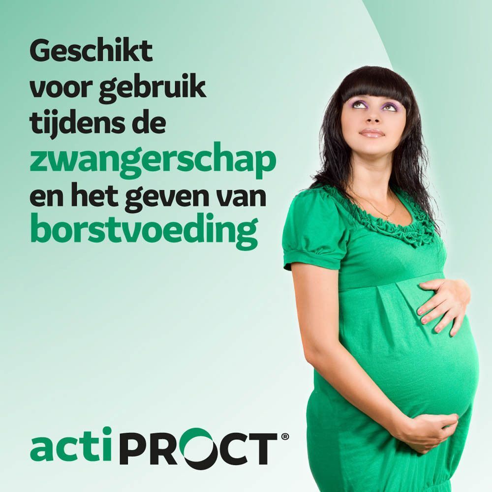 Zwangere vrouw in groene jurk. Acti Proct logo onderaan. Tekst over zwangerschap.