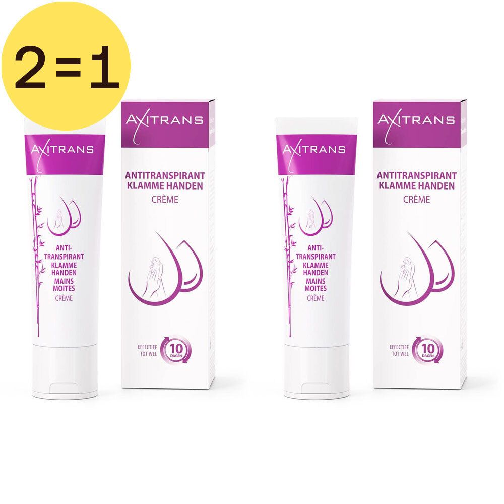 Twee tubes en twee dozen antitranspirantcrème AXITRANS, met de tekst "2=1".
