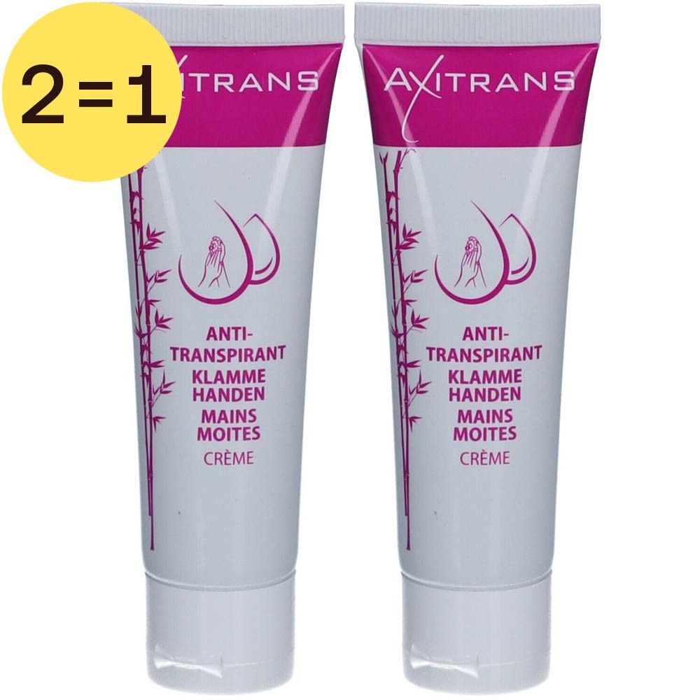 Twee tubes antitranspirantcrème AXITRANS, met de tekst "2=1".