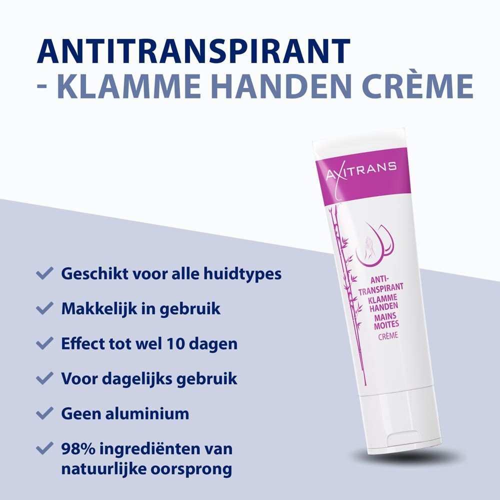 AXITRANS crème tube, wit met paarse accenten. Opschrift: Anti-transpirant, Klamme handen, Mains Moites. Tekst: Geschikt voor alle huidtypes.