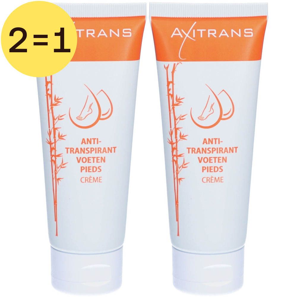 Twee tubes AXITRANS Antitranspirant Voeten Crème. Oranje dop, witte tekst. Afbeelding voet en druppels. Geel label: 2=1.