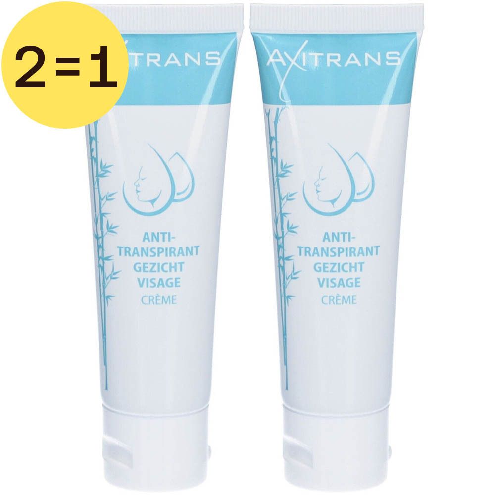 Twee tubes AXITRANS crème. Wit, met blauwe tekst en illustratie. Opschrift: Anti-Transpirant, Gezicht, Crème. Geel 2=1 label.