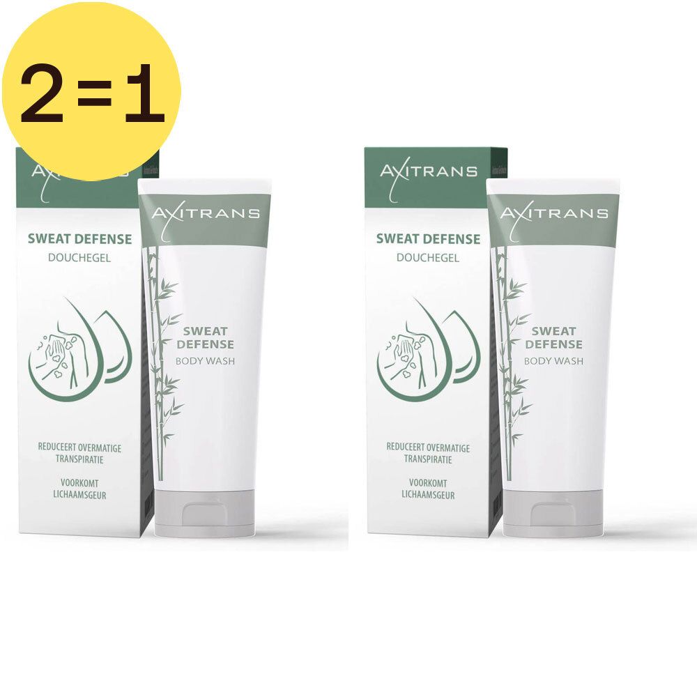 Deux tubes avec emballage. Inscription : Axitrans, Sweat Defense Douchegel. Emballage vert et blanc. Cercle jaune avec "2=1".