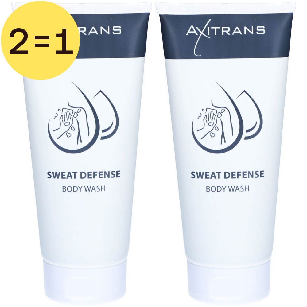 Twee witte tubes met blauwe opdruk. Opschrift: Axitrans, Sweat Defense Body Wash. Gele cirkel met "2=1".