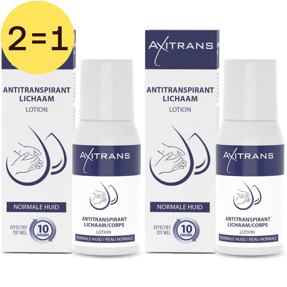 Twee flacons en twee dozen. Opschrift: Axitrans, antitranspirant lotion. Geel 2=1 label. Verpakking met 10 dagen.