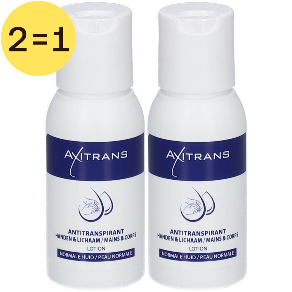 Deux flacons blancs avec étiquette bleue. Inscription: Axitrans, lotion anti-transpirante. Label jaune 2=1.