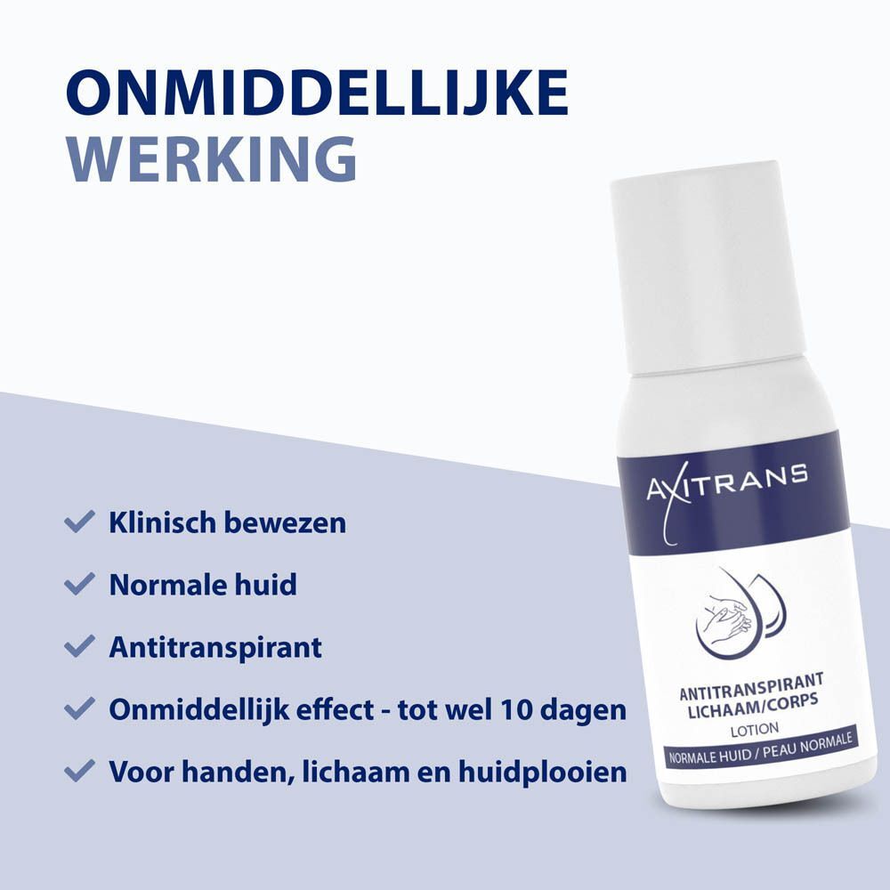 Witte fles met blauw etiket. Opschrift: AXITRANS, antitranspirant voor handen & lichaam. Tekst: Onmiddellijke werking.