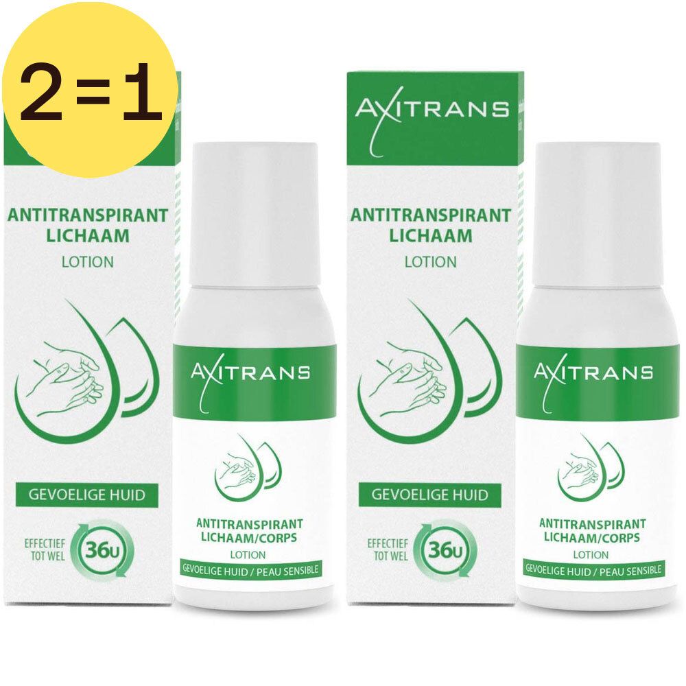 Twee flessen en twee dozen. Opschrift: Axitrans, antitranspirant, gevoelige huid. Geel 2=1 label.