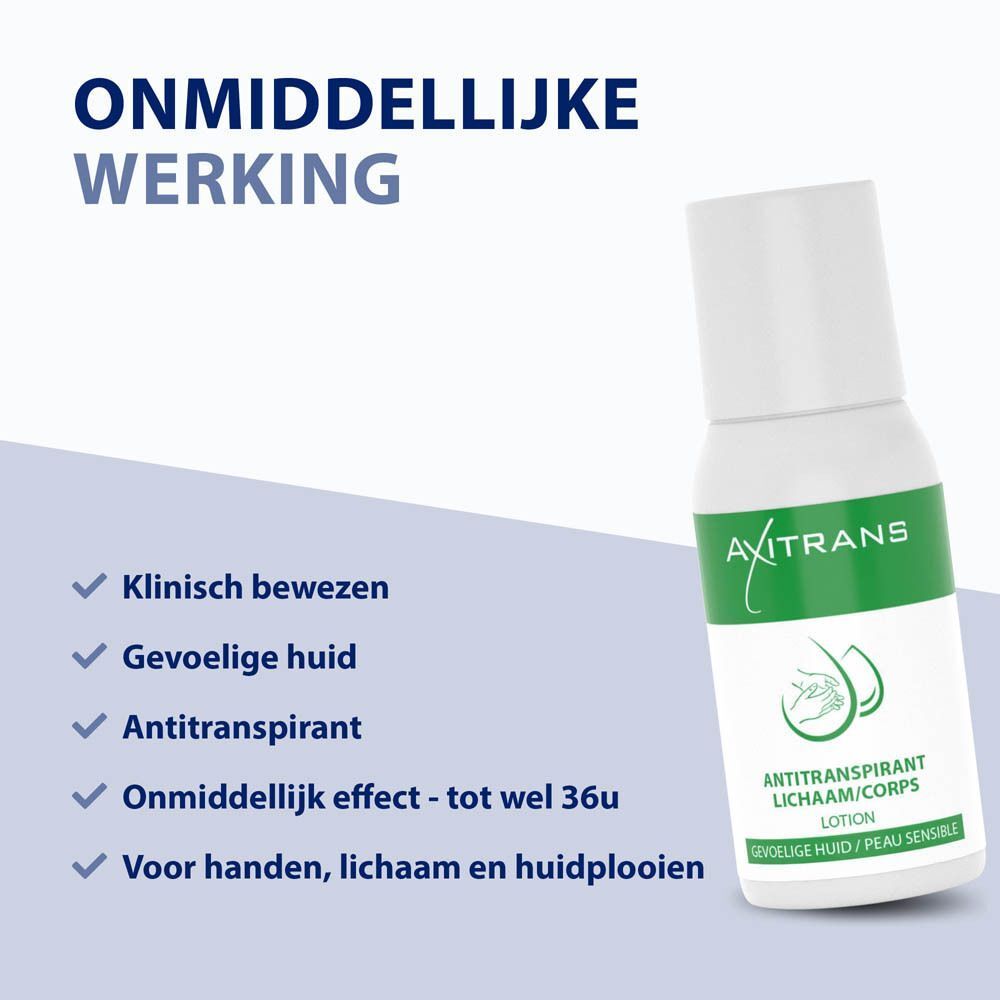 Witte fles met groen logo en tekst. Opschrift: Antitranspirant voor het lichaam. Blauwe tekstregel: Onmiddellijke werking.