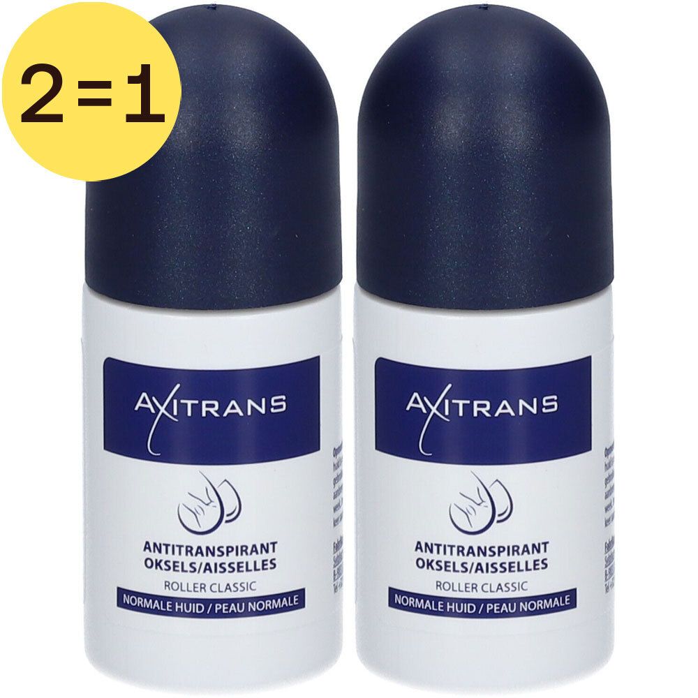 Deux déodorants roll-on blancs et bleus. Inscription: Axitrans, Antitrans, Roller Classic. Étiquette: Peau Normale. 2 pour 1.